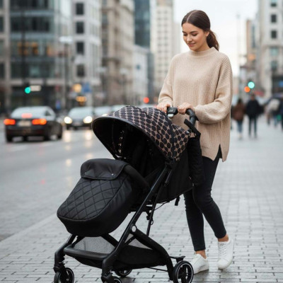 PASSEGGINO JOY NERO CON BORSA - TELAIO NERO TESSUTO ORO 