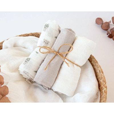 SET 3 MUSSOLE GRIGIE, BIANCHE E CON STAMPA TOPOLINI 70X70 CM