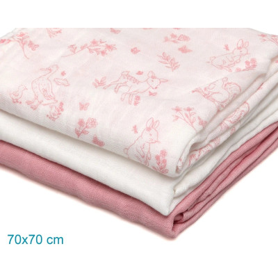SET 3 MUSSOLE ROSA, BIANCHE E CON STAMPA ANIMALI 70X70 CM