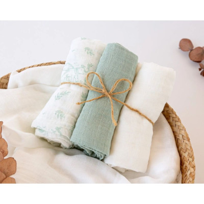 SET 3 MUSSOLE VERDE, BIANCHE E CON STAMPA GIUNGLA 70X70 CM