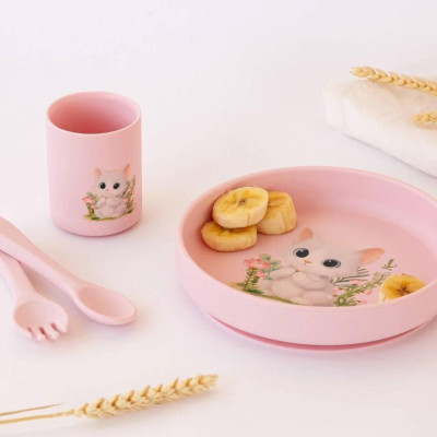 SET PAPPA KIOKIDS  ROSA IN SILICONE CON VENTOSA PER NEONATI