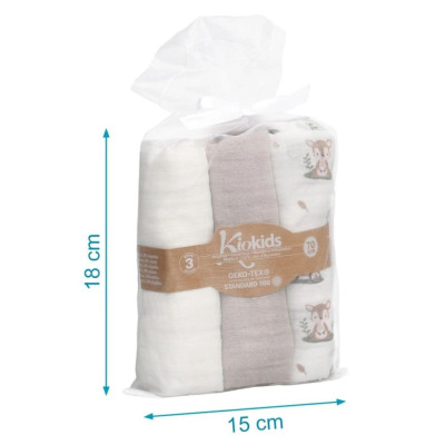 SET 3 MUSSOLE GRIGIE, BIANCHE E CON STAMPA TEDDY 70X70 CM