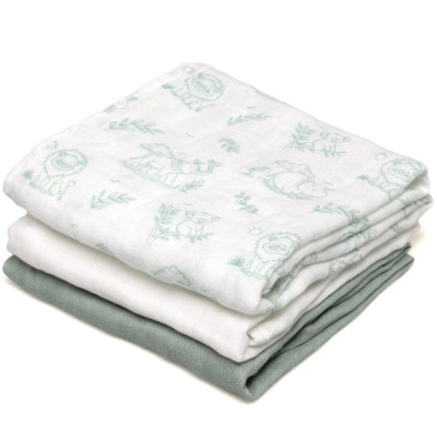SET 3 MUSSOLE VERDE, BIANCHE E CON STAMPA GIUNGLA 70X70 CM