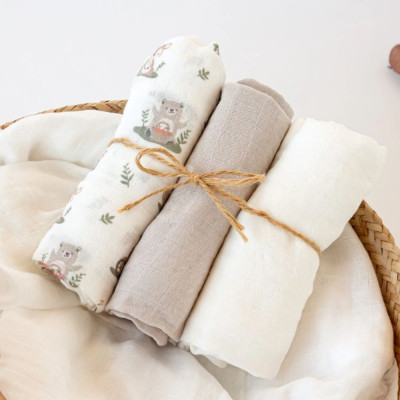 SET 3 MUSSOLE GRIGIE, BIANCHE E CON STAMPA TEDDY 70X70 CM