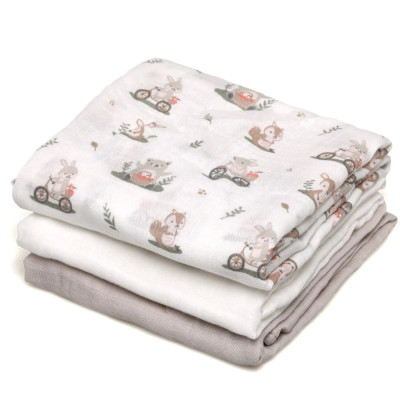 SET 3 MUSSOLE GRIGIE, BIANCHE E CON STAMPA TEDDY 70X70 CM
