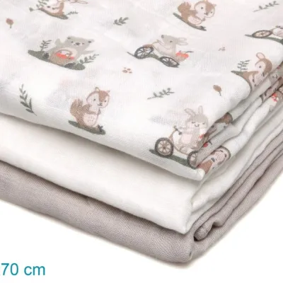 SET 3 MUSSOLE GRIGIE, BIANCHE E CON STAMPA TEDDY 70X70 CM
